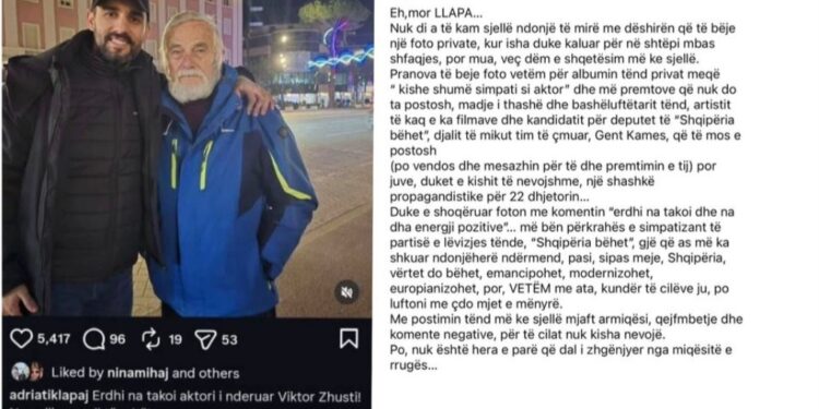 Viktor Zhusti shpërthen për foton me Adriatik Lapaj: “Më përdore për propagandë politike”. Përgjigjet Lapaj…